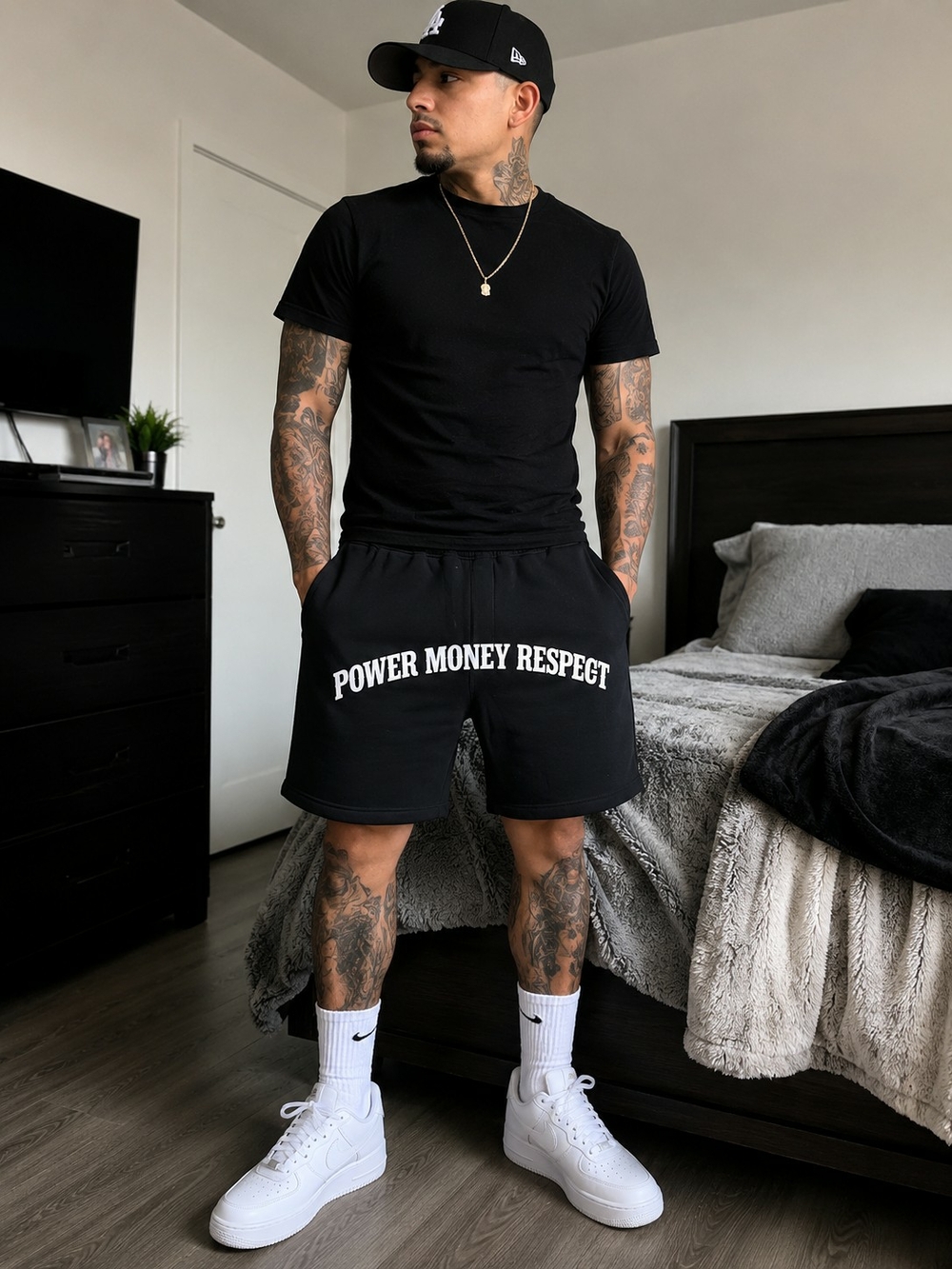 Men's Black 'Power Money Respect' Athletic Shorts